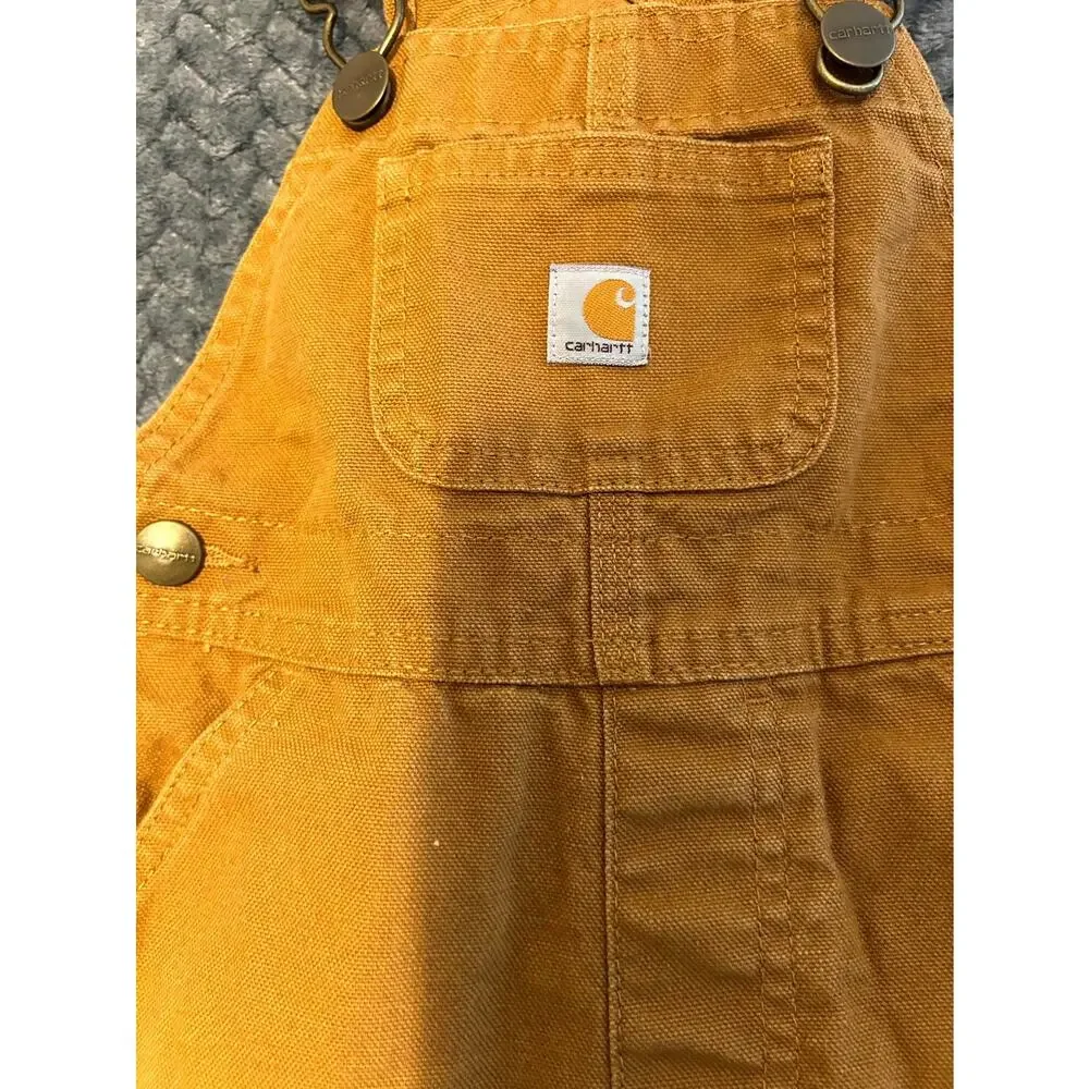 Carhartt Canvas Bib Overalls Kids 12M Brown Adjustable Strap Double Knee Snaps